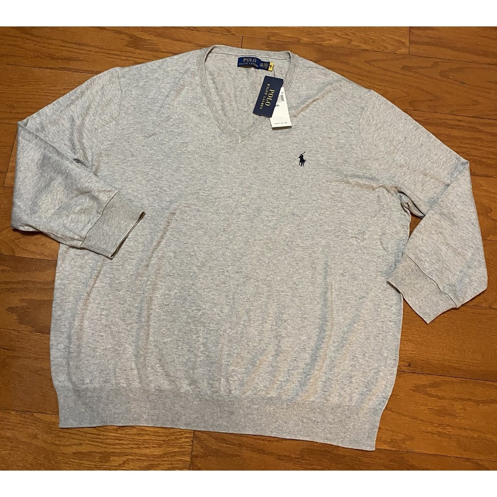 Polo Ralph Lauren 100% Cotton Pullover V-Neck Gray Sweater 2XL XXL New! NWT $115